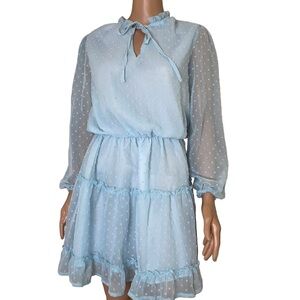 Dress swiss dot baby blue long puff sleeve tiered lined elastic waist SZ SM mini